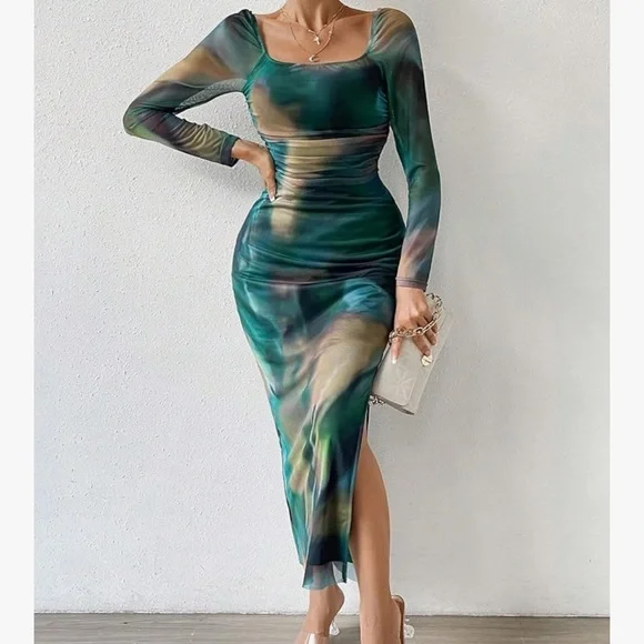 green emerald velvet dress Emerald Long Sleeve Square Neck Mini Dress – Hot Miami Styles main image 1